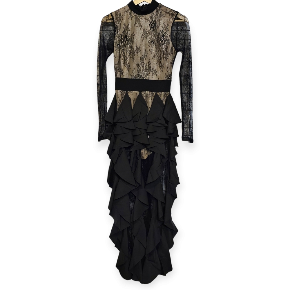 Blithe Los Angeles Black Lace and Ruffle Maxi Prom Formal Prom Dress